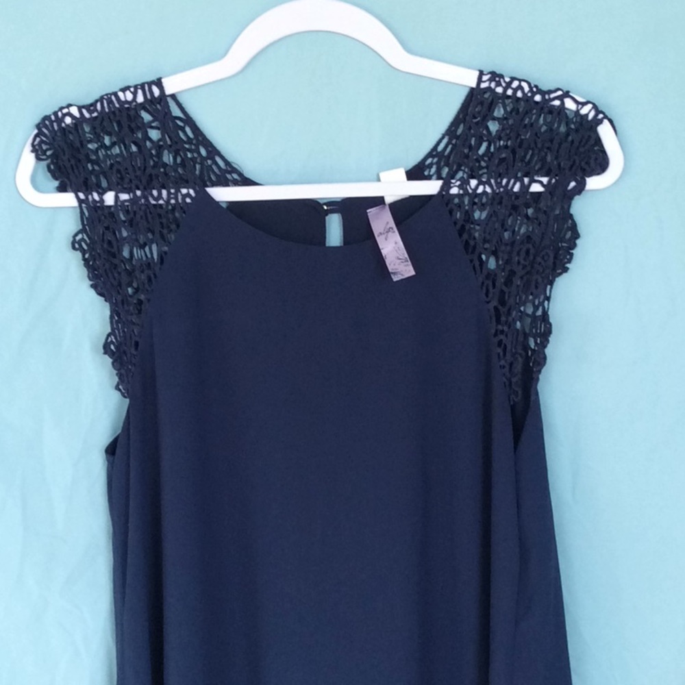 Navy Blue Sheath Dress with Crotchet Sleeves, Sz M